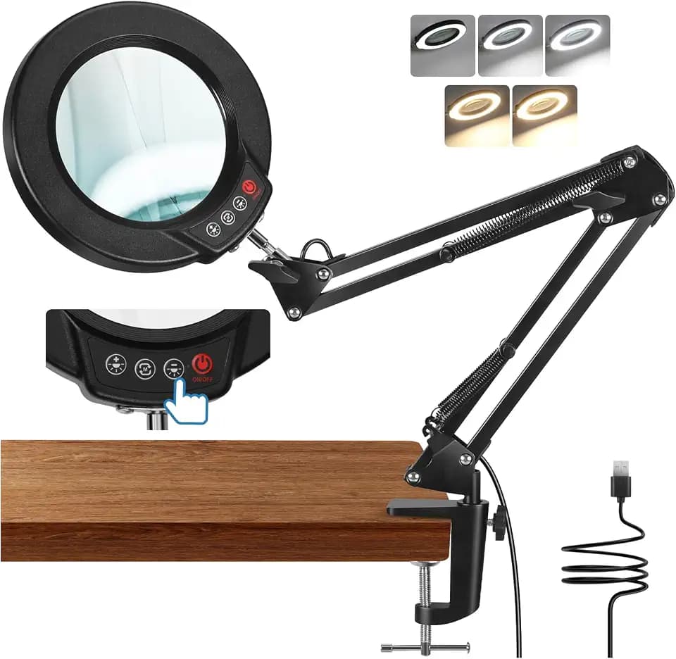 10X Lupe mit Licht und Klemme, LED Lupenlampe mit Glaslinse, 5 Farbmodi Stufenlosem Dimmen, Lupe mit Licht und Ständer, Hände Frei Leselupe für Senioren, Lesen, Basteln, Nähen, Löten