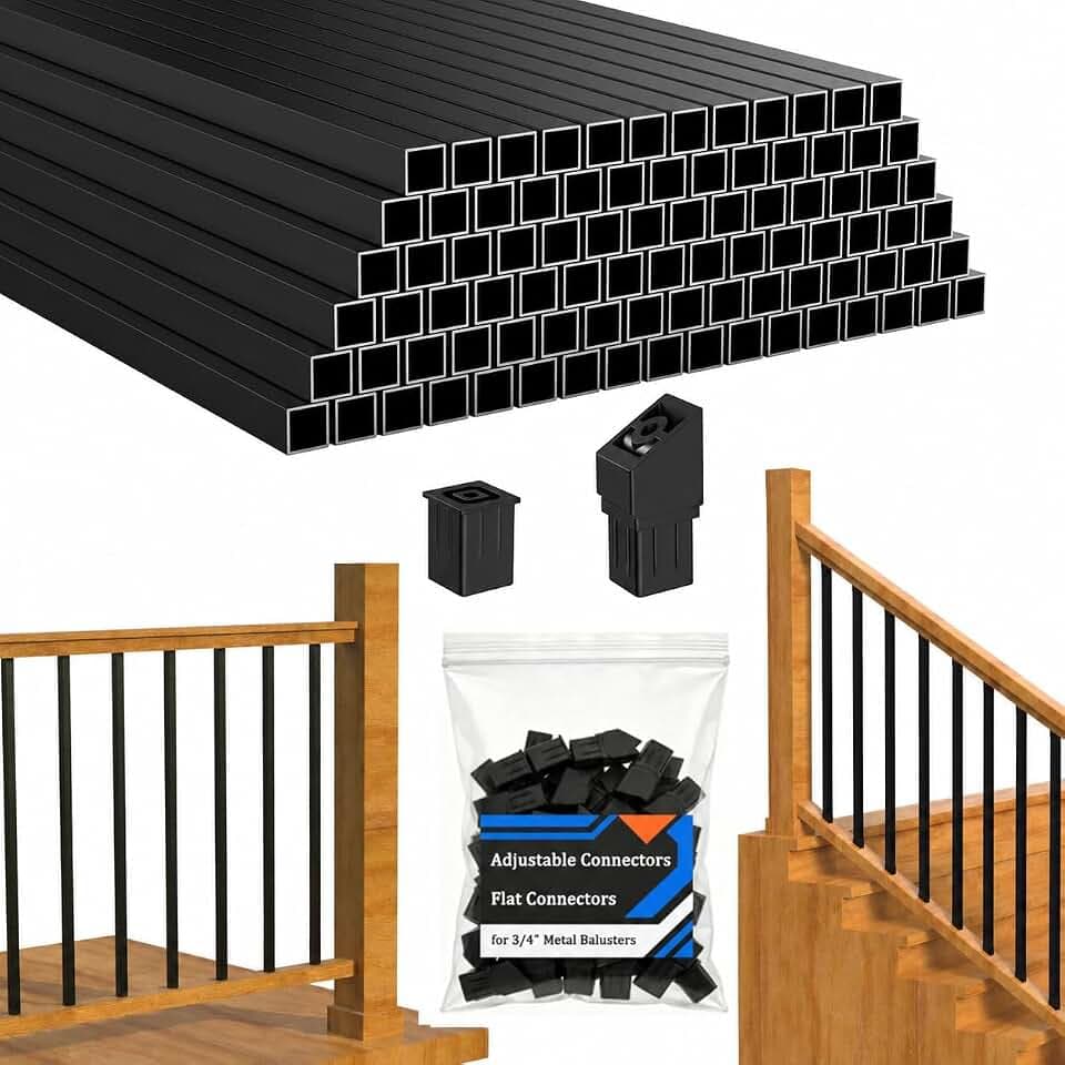 Hypergiant 60 Pack 32" Black Square Deck Balusters, Aluminum Deck Spindles, Metal Balusters for Deck Railing with Flat & Adjustable Angle Connectors, Wood Composite Railing