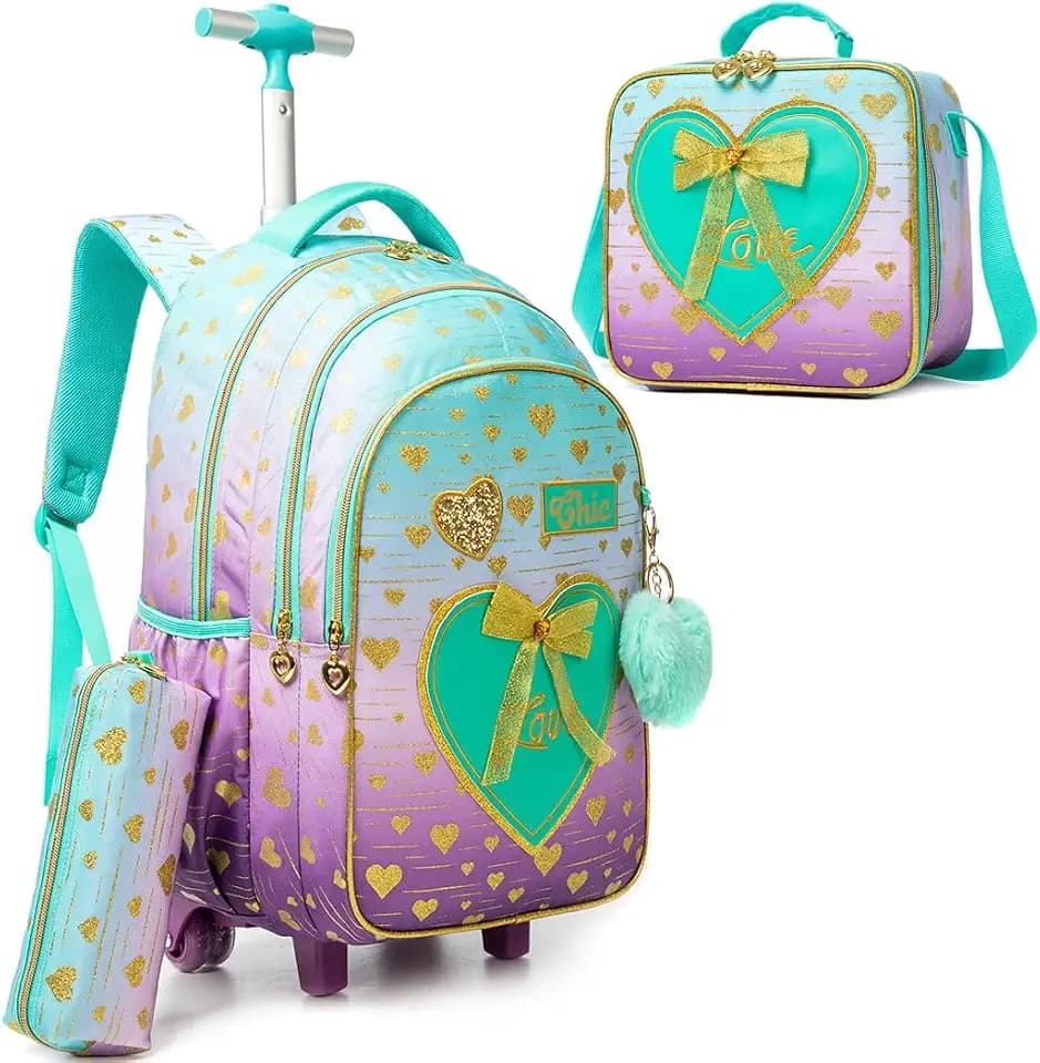 Meetbelify Rolling Backpack for Girls Kids Backpacks with Wheels for Elementary Students Girls Carry on Backpack with Lunch Box 3 in 1 Travel Suitcase Trip Luggage for Kids Ages 6-8