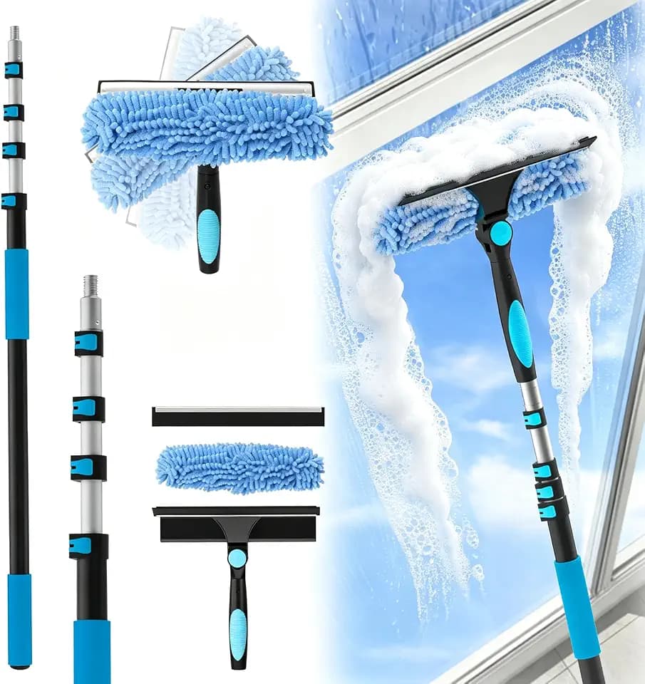 16FT Reach Window Squeegee Kit with Extension Pole, 2-in-1 Professional Washer for High Windows, 3-12FT Adjustable Reach, Rotatable Head for Indoor & Outdoor Use, Streak-Free Cleaning Tool for Home