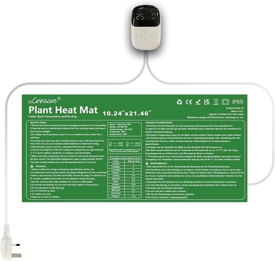 Heizmatte für Aussaat, 30 W, wasserdicht 26 × 54,5 cm, 15–60 °C mit Thermostat und Timer 0–12 h, Heizmatte für Pflanzen, Aussaat, Reptilien und Gewächshaus