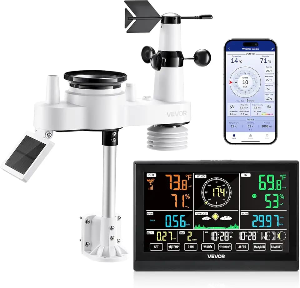 VEVOR 7-in-1 Wi-Fi Weather Station with APP, 7.5-Inch VA Display, Solar Powered Outdoor Sensor, Rain Gauge, Indoor Outdoor for Weather Forecast, Wind Speed, Temperature, Humidity, Rainfall