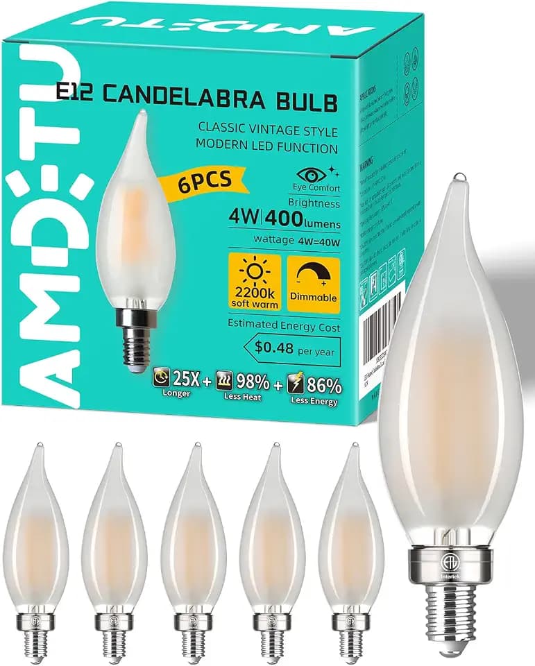 AMDTU E12 Type C 2200K 40W Frosted LED Bulb,40W Dimmable Candelabra 6PK