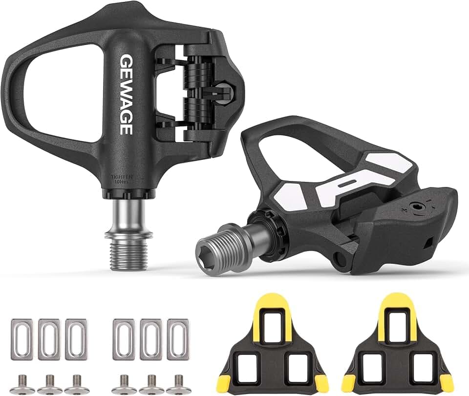 GEWAGE Klickpedale für Rennrad, verstellbare Spannung, robuster Verbundkörper, breite Plattform, inkl. Cleats & Montagematerial – kompatibel mit Shimano SPD-SL/Look KEO