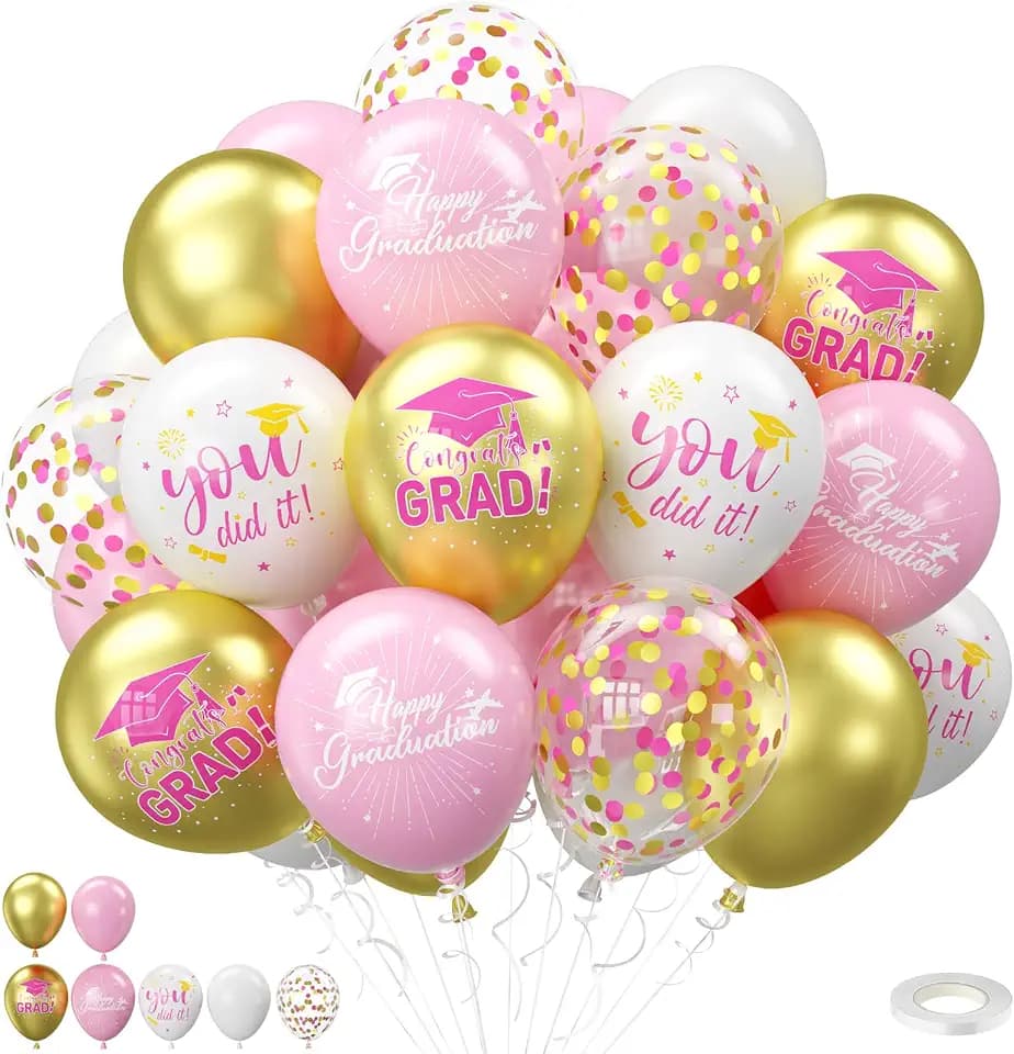 Graduation Balloons 2026,50Pcs 12 Inch Pink Gold Latex Graduation Balloons for Graduation Class of 2026 Party Decoration Supplies