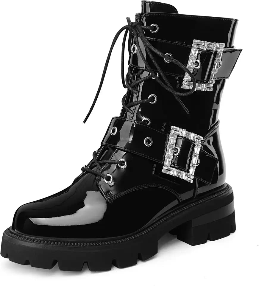 Women's Patent Leather Platform Heel Combat Boots Goth Booties