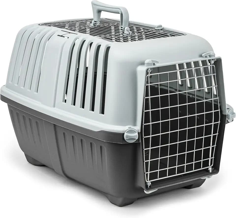 lionto Hundetransportbox aus Kunststoff mit Metallgitter, 58,5x35,5x40 cm, Transportbox mit praktischem Schließsystem & Tragegriff, auch geeignet für Katzen & Kleintiere, für Haustiere bis 15kg, grau