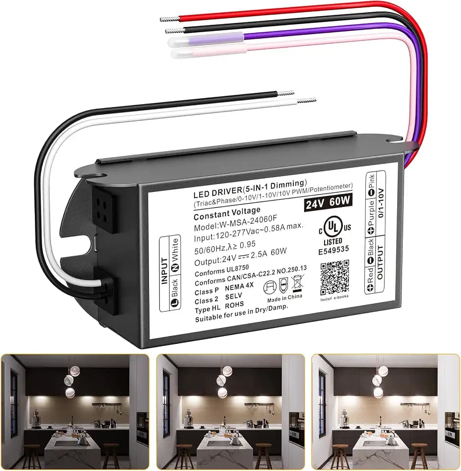 60W 24V Dimmable LED Driver, Triac/ELV/MLV/0-10V/1-10V/PWM Dimming AC to DC