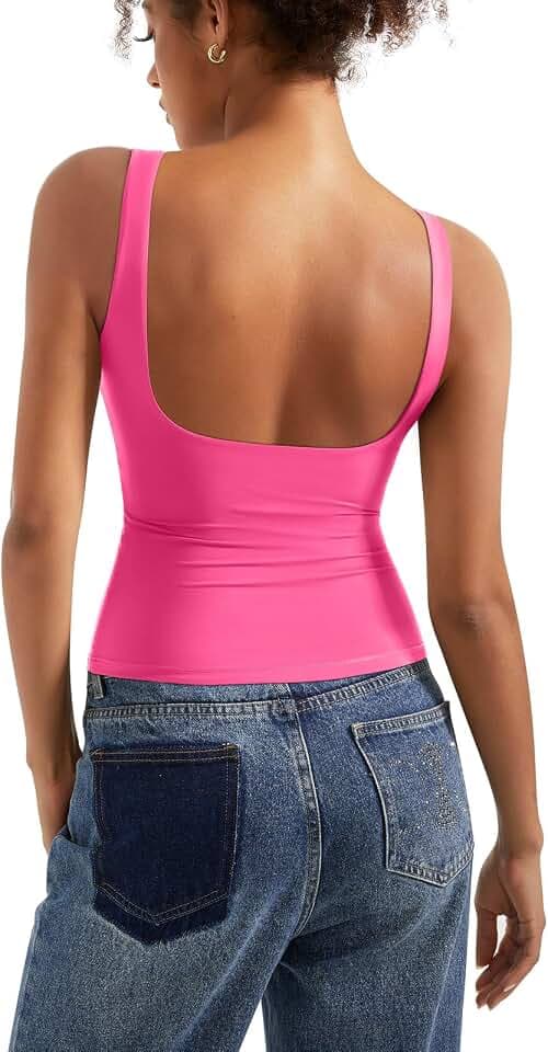 SUUKSESS Women Padded Open Back Boat Neck Tank Top Double Lined Basic Shirt
