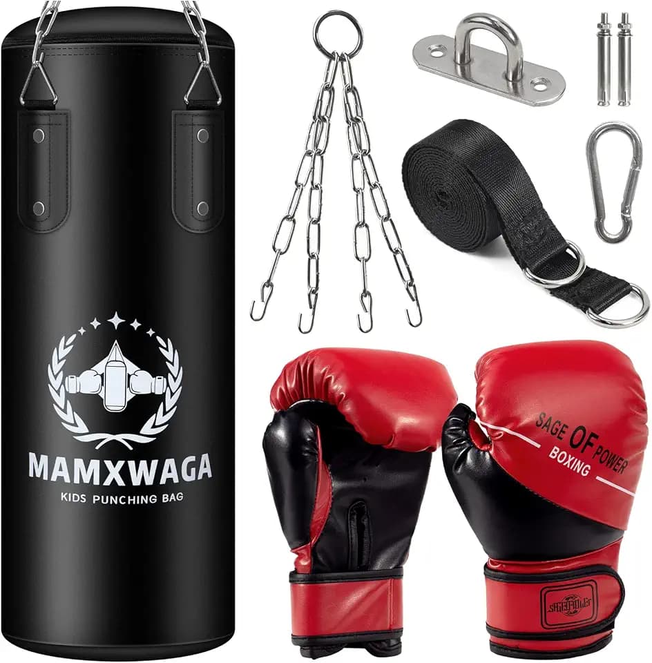 Hängend Boxsack Set für Kinder und Jugendliche 2FT PU Boxsack Ungefüllt mit 6OZ Boxhandschuhen und Edelstahl Aufhänger Punchingsack für 3-12 Jahre
