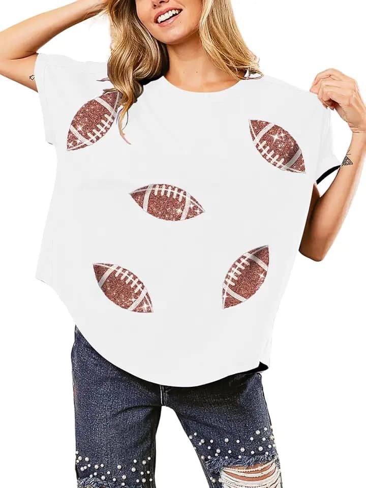 Womens Sparkle Football Sequin Rugby Tee Game Day Pullover T-Shirt Crewneck Oversized Short Sleeve Washed Tops