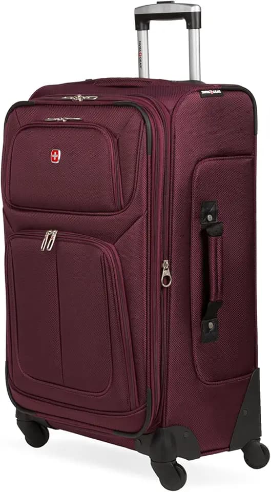 SwissGear Sion Softside Expandable Spinner Luggage Durable Lightweight Travel Suitcase, Merlot, Checked-Medium