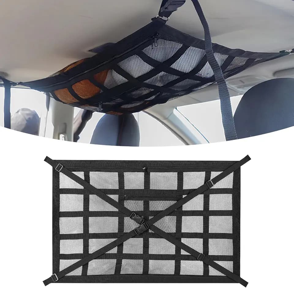 Car Ceiling Cargo Net for Pickup Truck Bed 31.5"x21.6" Double-Layer Mesh Roof Storage Organizer with Adjustable D-Buckle, Universal Overhead Net for SUV Van Camping Travel Road Trip Essentials