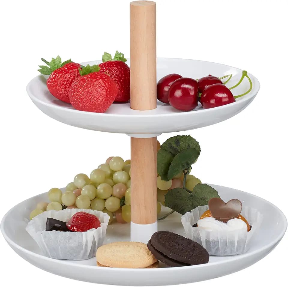 Relaxdays Etagere, 2 Etagen, Kunststoff & Holz, runder Servierständer, HxD 19x21 cm, Cupcake Ständer, modern, weiß/Natur
