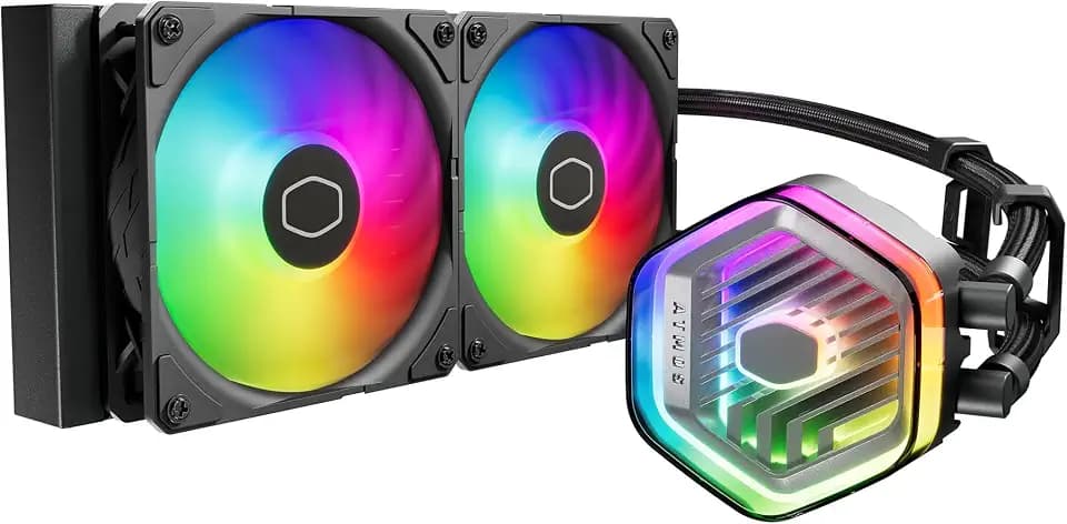 Cooler Master 240 Atmos High Performance Close-Loop AIO Liquid Cooler, R9|i7 Dual Chamber Pump, Customize Cover, Sickleflow Edge PWM, aRGB Lighting, AMD Ryzen AM5|4, Intel LGA 1851|1700 Platform