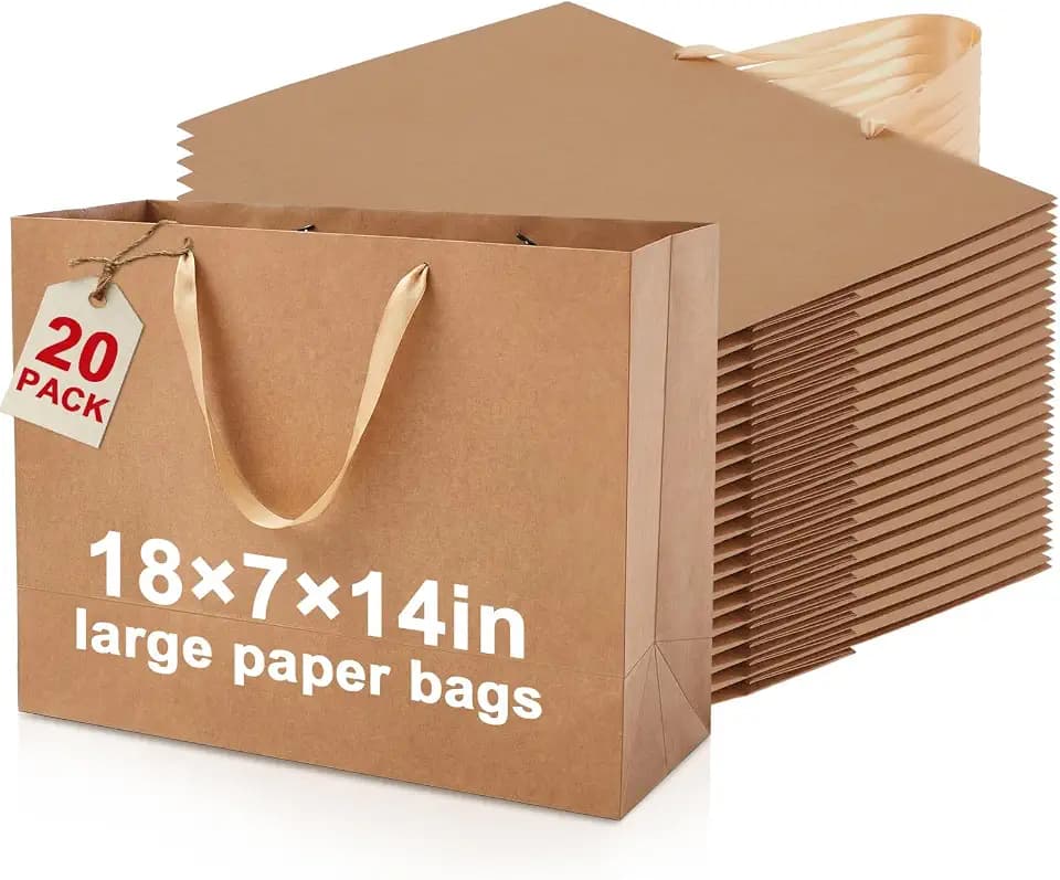 Fuyoooo 20 Pcs 18"x7"x14" Extra Large Gift Bags with Ribbon Handles, Brown