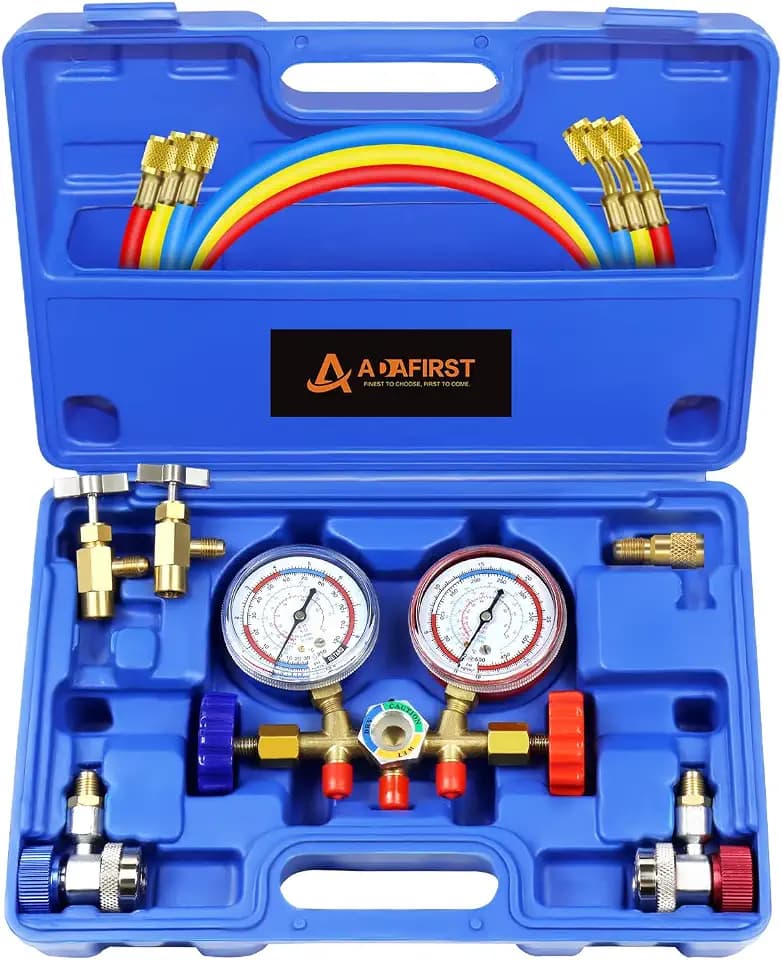 AC Manifold Gauge Set, 3 Way Car HVAC R134a R404a Refrigerant Charging Tool Kit, with Hoses Quick Coupler Adapter Can Tap Case, for Auto Air Conditioner Freon Diagnostic Test and Recharge