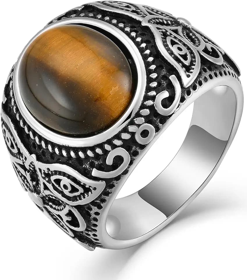 Tiger Eye Stone Ring for Men 316L Stainless Steel Signet Ring Vintage Oval Gemstone Pinky Ring Size 7-12