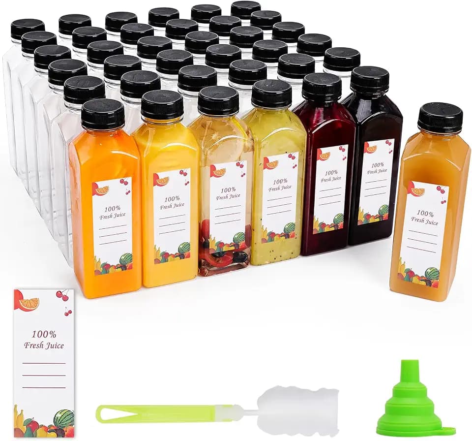 OBKJJ Plastic Juice Bottles 150 pcs 16 oz Empty Plastic Water Bottles with Caps Reusable Clear Beverage Containers for Drinking, Juicing, Smoothie, Water with 2 Brushes, 2 Funnels (16-OZ)