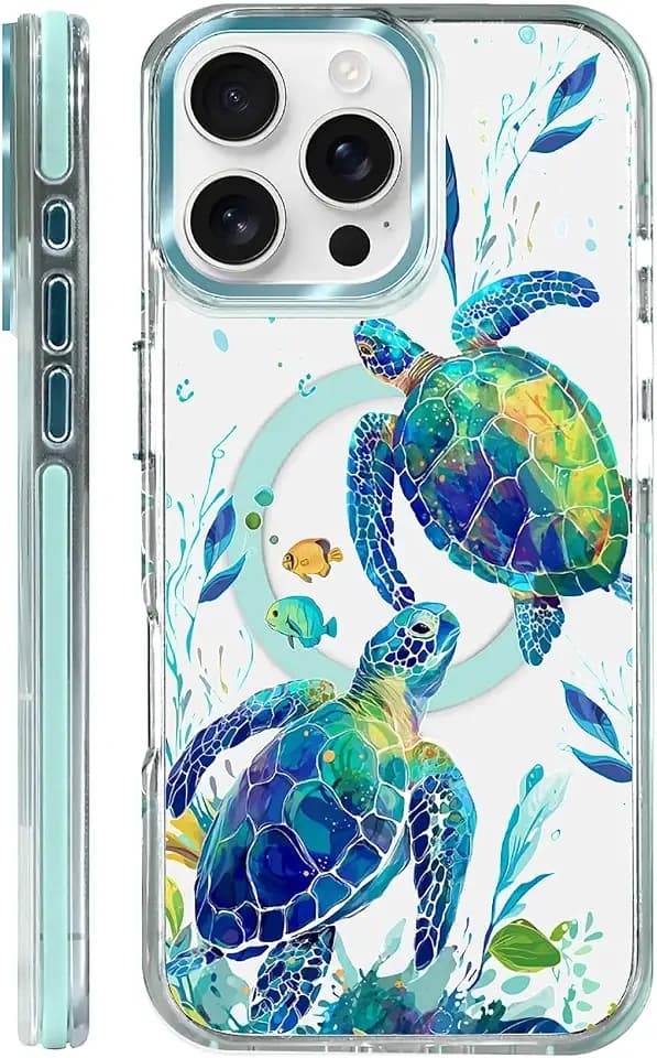 for iPhone 16 Pro Max Case Clear, [Magnetic Charging Compatible][Military-Grade Protection][Anti-Yellowing] Shockproof Slim Magnetic Phone Case for iPhone 16 Pro Max, Sea Turtle