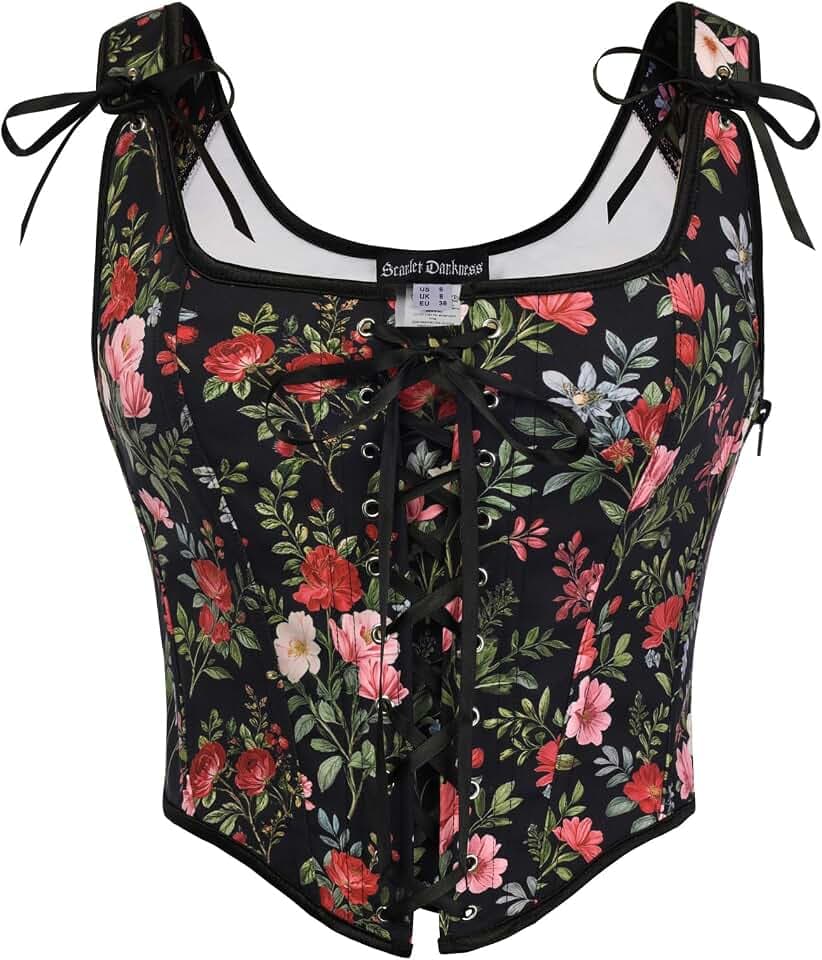 SCARLET DARKNESS Damen Renaissance Korsett Top Blumen Mittelalter Oberteil