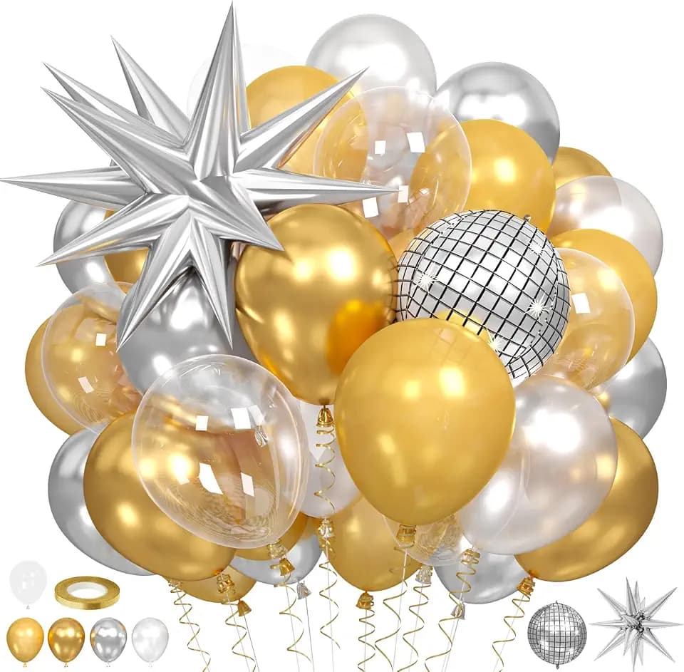 60pcs Gold and Silver Balloons, Metallic Pearl Silver Gold Balloons Clear Balloon Disco 4d Ball Star Foil Balloon For New Year Birthday Baby Shower Party Wedding Anniversary Bridal Shower Decorations