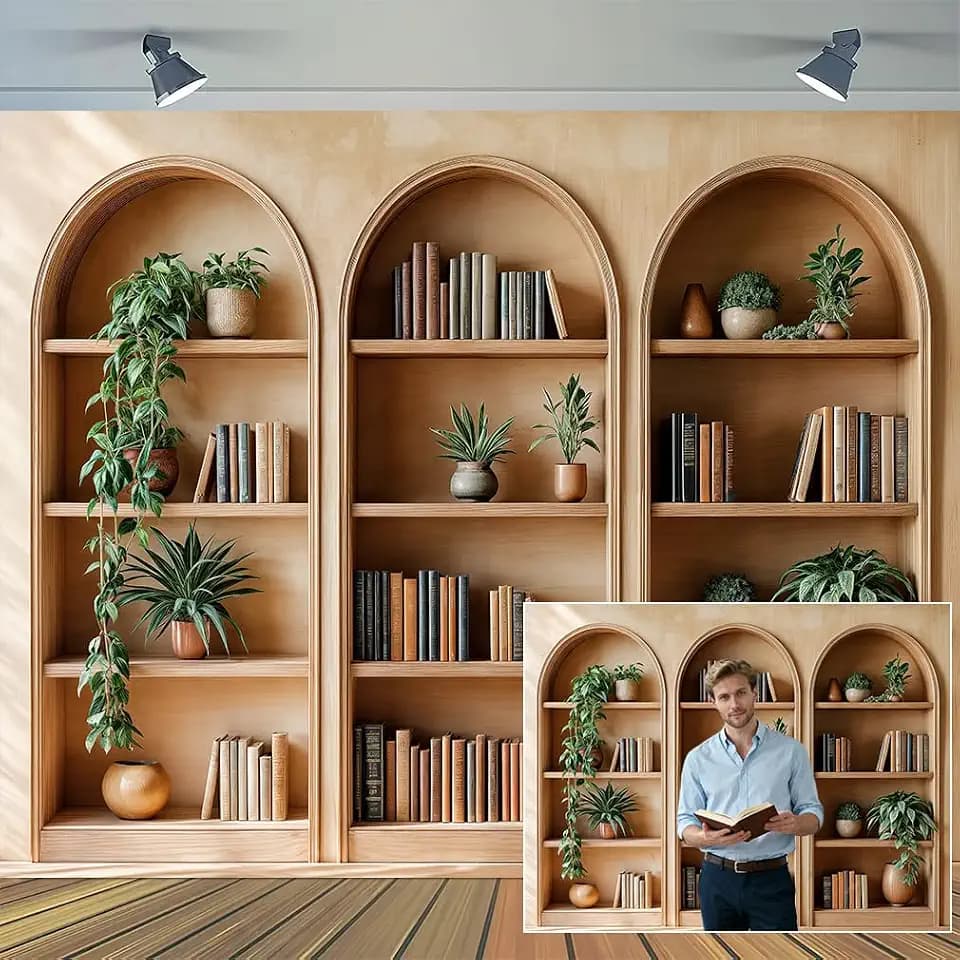 8 x 6 ft Arched Bookshelf Backdrop Modern Library Books Office Plants Video Conference Photography Home Office Meetings Indoor Decorations Photo Banner Props