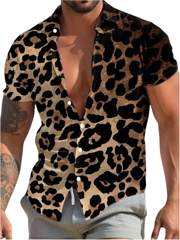 Verdusa Men's Leopard Print Button Down Shirt Short Sleeve Collar V Neck Casual Shirts