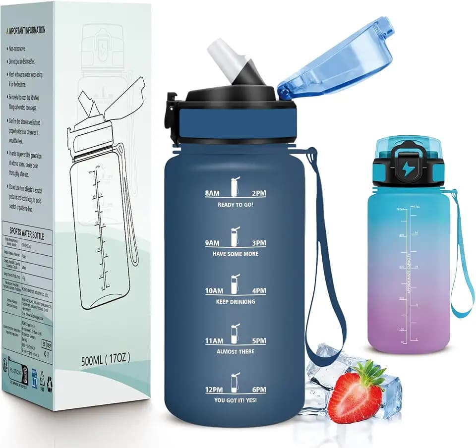 Trinkflasche- 500ml- Trinkflasche Kinder, Wasserflasche Auslaufsicher, Wasserflasche mit Zeitmarkierung, Leicht zu Reinigen, Water Bottle mit mit Strohhalm, für Schule, Büro, Camping