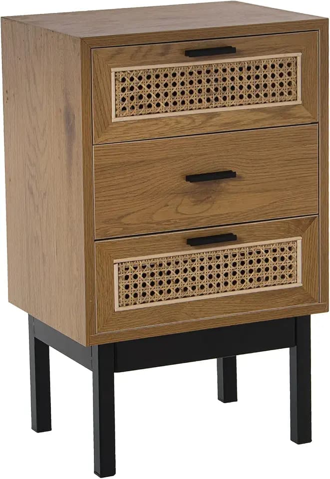 MESA DE NOCHE MADERA/MIMBRE C/3 CAJONES+PATAS METAL 40X30X65CM, DM+MELAMINA FRESN