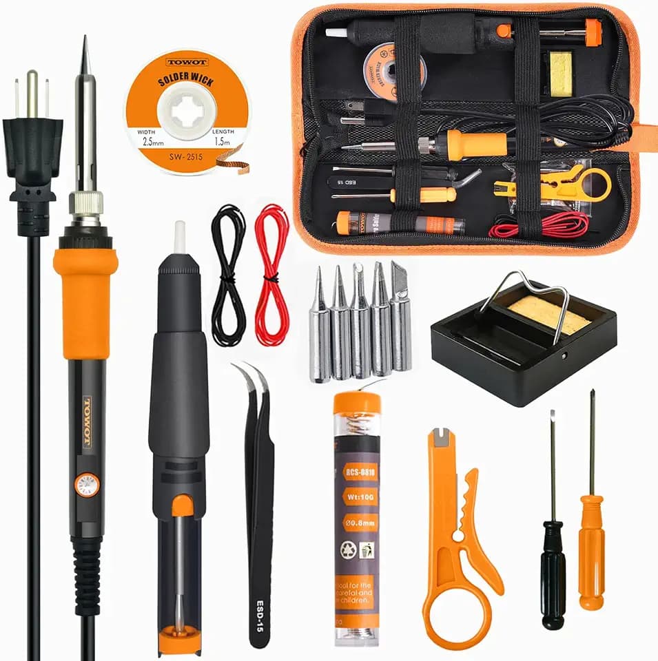 TOWOT Soldering Iron Kit, Electronic Soldering Iron 60W Adjustable Temperature, Deoldering Pump, Tin Wire, Solder Wick, Tweezers, Soldering Iron Tips Set, Soldering Iron Stand, Wire Strippers