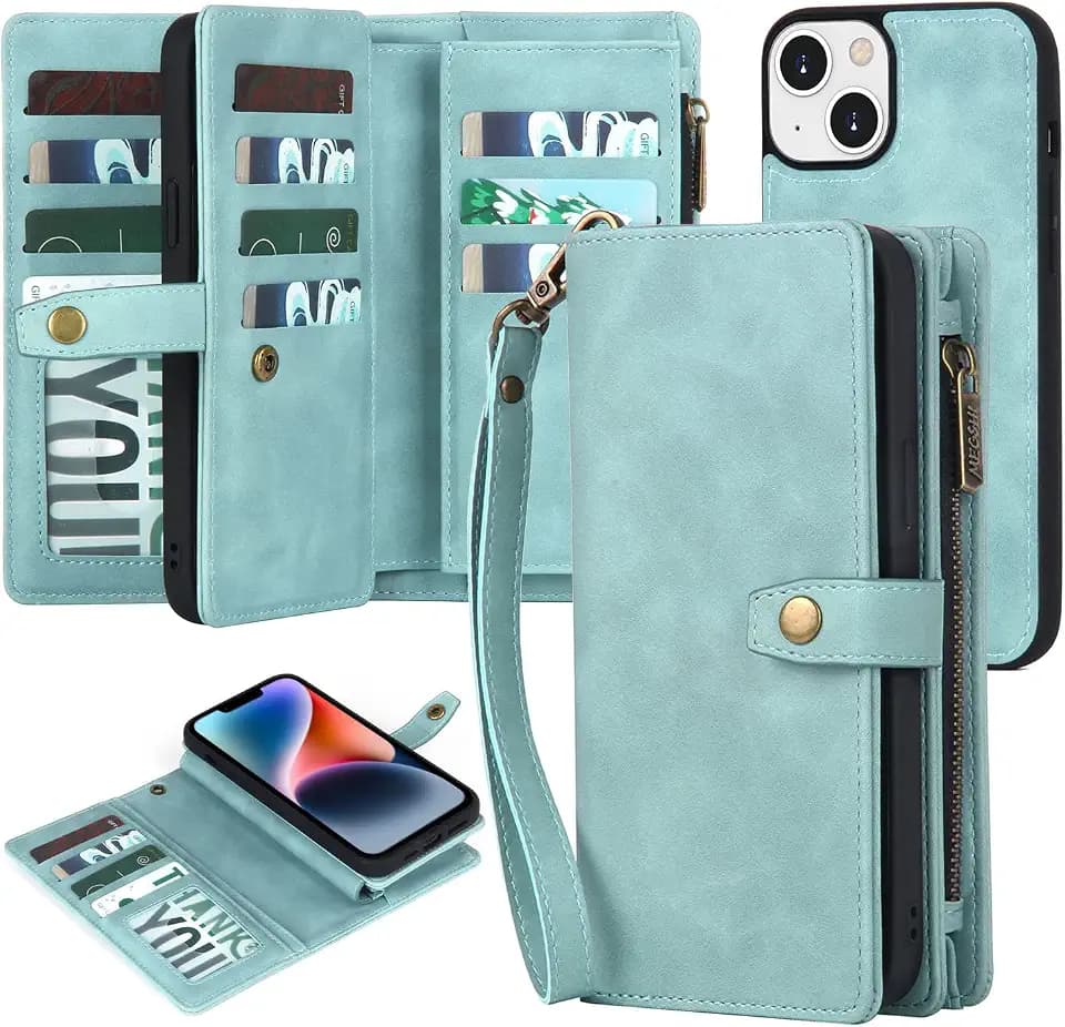 TwoHead for iPhone 13 Wallet Case with 11 Card Holders,Blue