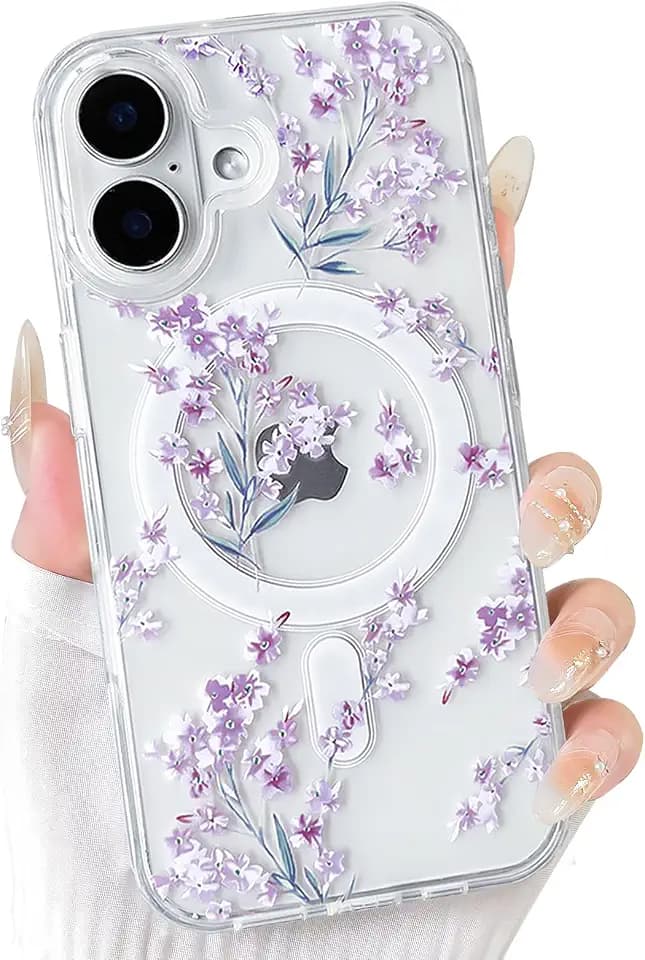 NITITOP for iPhone 16 Case Magnetic Clear Flower - Purple