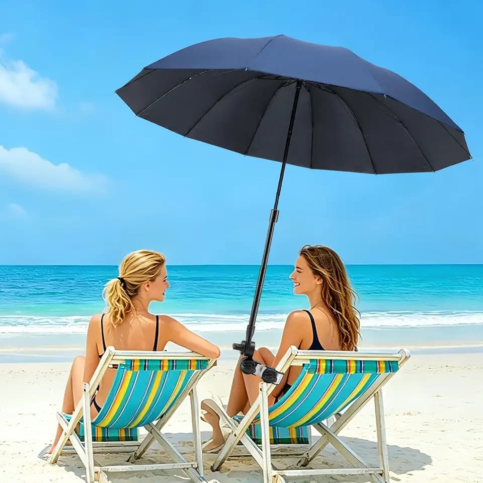 Beach Chair Umbrella With Clamp 360°& Height Adjustable Clip On Umbrella For Outdoor Camping Chair, UPF 50+ UV Protection Sun Umbrellas For Stroller, Wheelchair, Golf Carts, Patio, Boat, Fishing