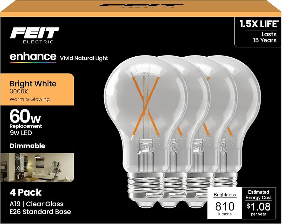 Feit Electric A19 Enhance LED Light Bulb, 60W Eq, Bright White, 4 Pack