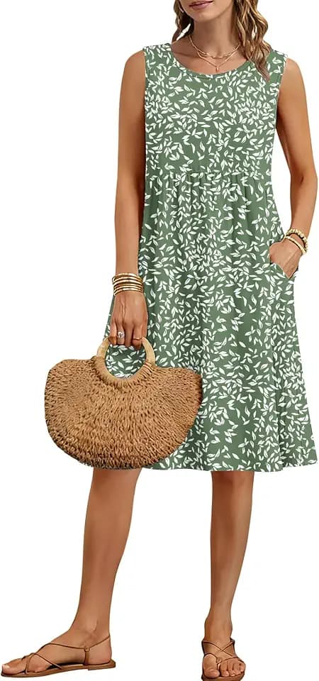 AUSELILY Womens Summer Dress Knee Length Sleeveless Sundress with Pockets