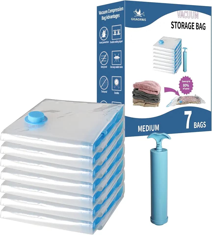 Vacuum Storage Bags Medium 7 Pack Hand Pump, 80% Space Saver Vacuum Sealer