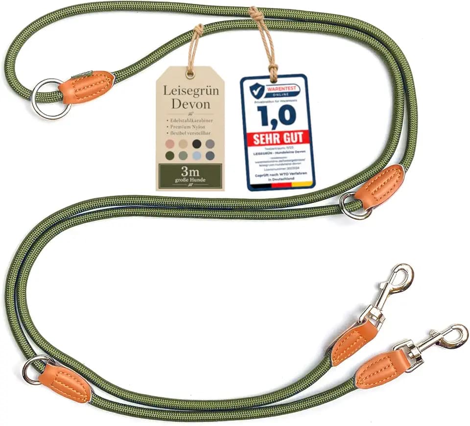 Leisegrün Hundeleine 3m große Hunde, Führleine verstellbar, Oliv-Grün