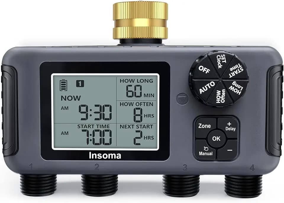 Insoma Water Timer with Brass Inlet, 4 Independent Zones Outdoor Hose Timer for Garden Faucet with Auto/Manual/Rain Delay Mode, IPX5 Waterproof, Sprinkler Irrigation Controller for Yard Lawn