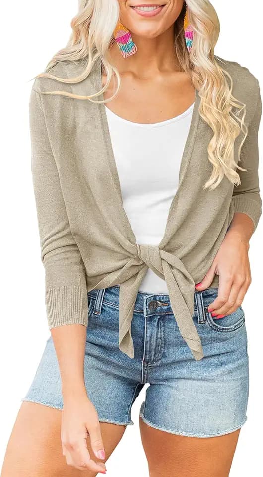 Langwyqu Womens Sheer Tie Knot Bolero Cardigan Summer Long Sleeve Lightweight Open Front Cover Up Crop Tops Khaki, Small