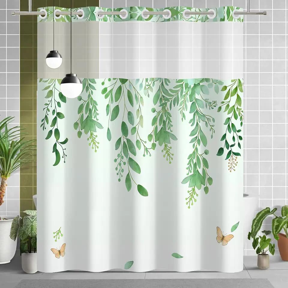 No Hook Botanical Shower Curtain and Liner Set 71 x 74 Inch