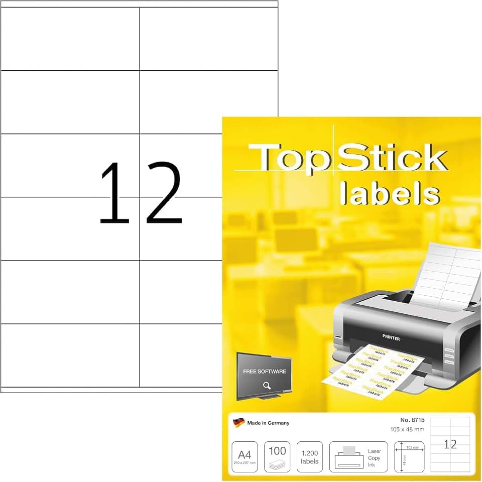 TopStick 8715 Universal Etiketten, 100 Blatt, 105 x 48 mm, 12 pro A4 Bogen, 1200 Stück, selbstklebend, bedruckbar, matt, blanko Papier Klebeetiketten Aufkleber, weiß