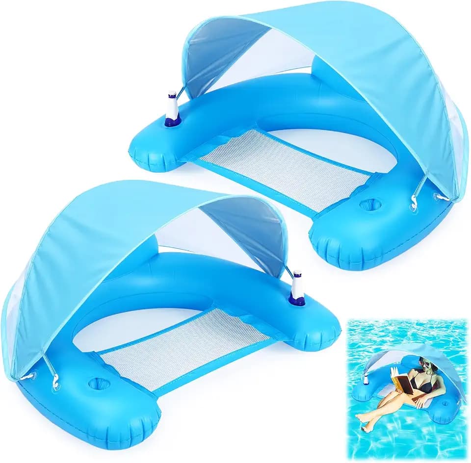 GlikCeil 2 Pcs Pool Floats with Canopy for Adults, XL Inflatable Floating Chair with Adjustable Sun Shade and Cup Holders, Large Float Lounger for Swimming Pool, Lake, Beach(Blue)
