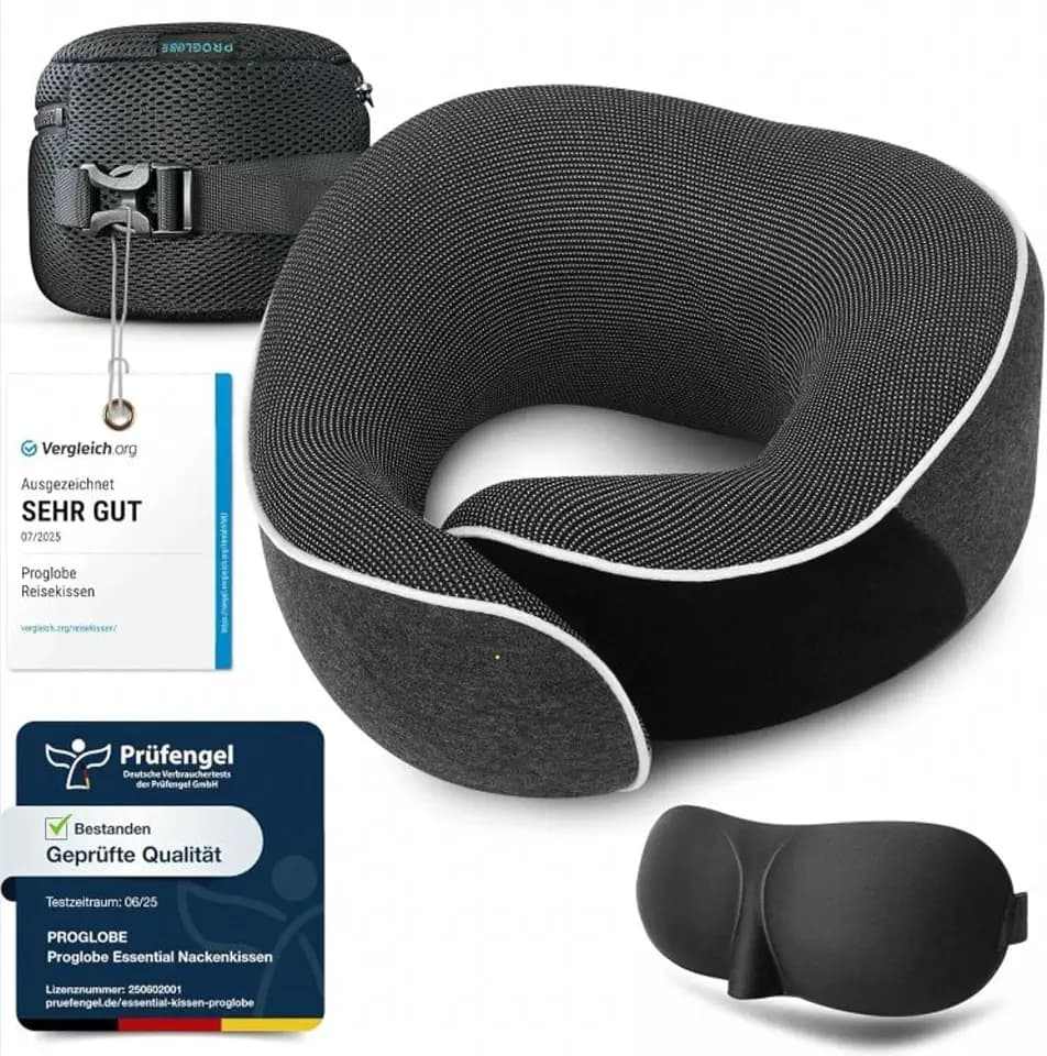 Proglobe Nackenkissen Flugzeug, Reisekissen 100% Memory Foam, Dunkelgrau