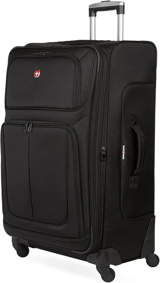 SwissGear Sion Softside Expandable Spinner Luggage Durable Lightweight Travel Suitcase, Black, Checked-Large