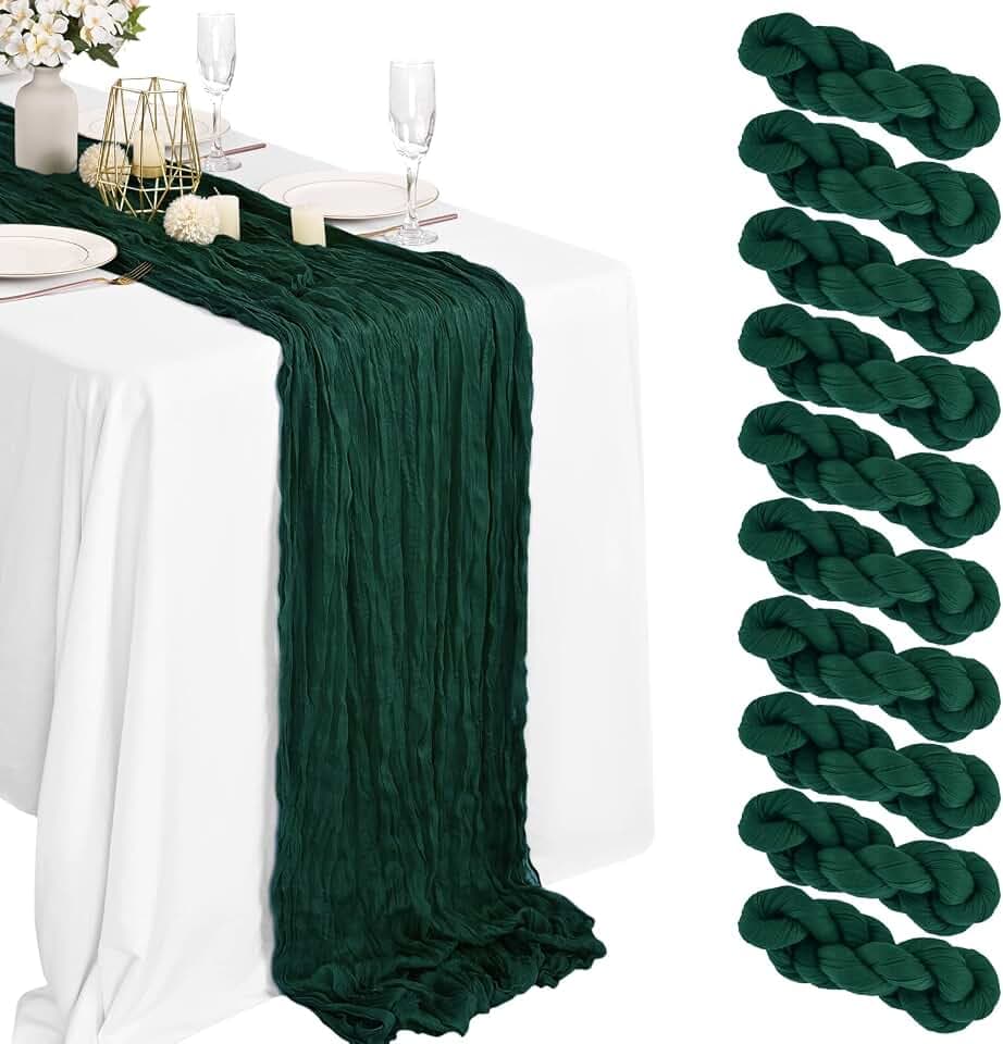 10 Packs Cheesecloth Table Runner - Emerald Green, 10Ft x 35" Dark Green Rustic Gauze Boho Wedding Table Runner Decoration