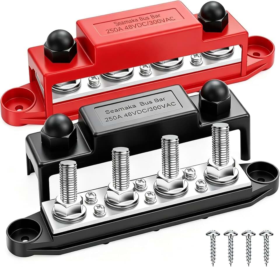 250A 12V Bus Bar Marine 12V,Power Distribution Block with Cover with 4 x 3/8”Post 6 x #8 Screws Terminals,Battery Bus Bar with 4PCS Battery Lugs and 4PCS Heat Shrink Tubing for Car Boat Solar Wiring