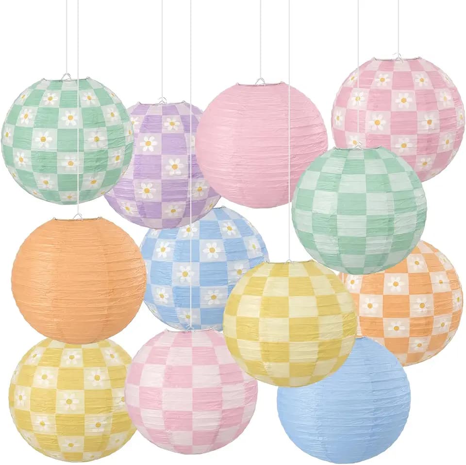 Baquler 12 Pcs Gingham Flower Lanterns 10 Inch Pastel Hanging Decor