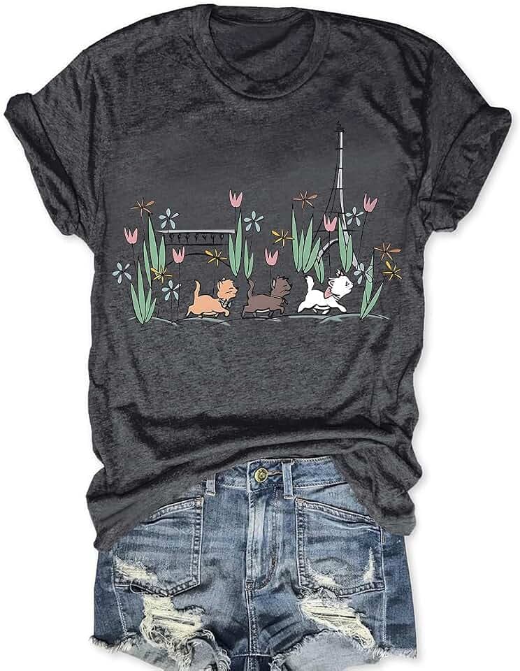 Cat Shirts for Women Magical Tops Flower Graphic Tee Vacation Short Sleeve