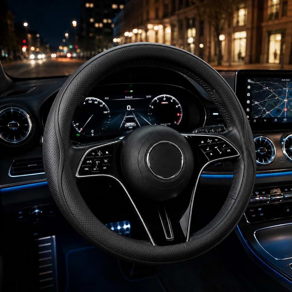 Car Steering Wheel Cover Full Surround - Soft Breathable Anti-Slip Heavyweight Safety Cover, Thick Cushioned Sports Style Universal Fit for Auto Truck SUV (Black)